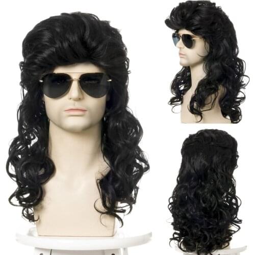 GURUILAGU New European and American Wigs For Men 70 80s Mens Wig Rock Party Long Curly Synthetic Hair Cosplay Wig With Bangs