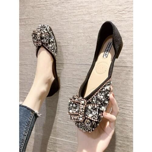 Sweet Bow Ladies Single Shoes Spring And Autumn New All-Match Square Toe Shallow Mouth Comfortable Flat Shoes