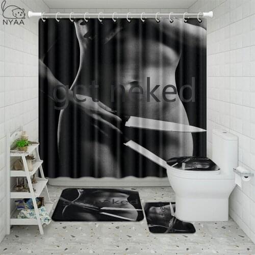Get Naked Bathroom Shower Curtain with Mat Sets Letter Print 4 Piece Set Non-slip Rug Toilet Cover Bath Mat Pad