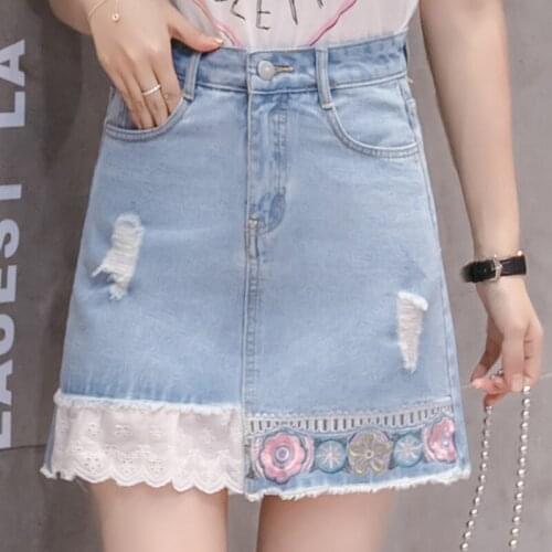 Saias da mulher da forma 2019 primavera alta espera Uma Linha saia branca e azul das mulheres saia elegante do laCo bordado