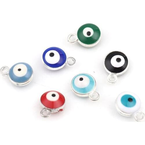 Evil Eye Series Zinc Based Alloy Religious Pendant Charms Round Silver Color Black Evil Eye 9mm x 7mm, 20 PCs
