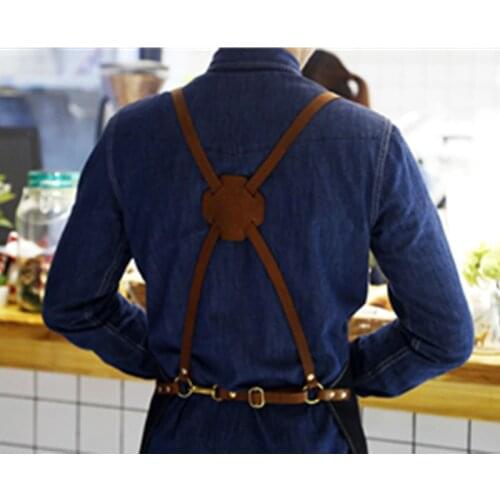 Blue Black Denim Bib Apron Leather Strap Barista Baker Bar BBQ Chef Uniform Florist Barber Tattoo Artist Painter Work Wear K9