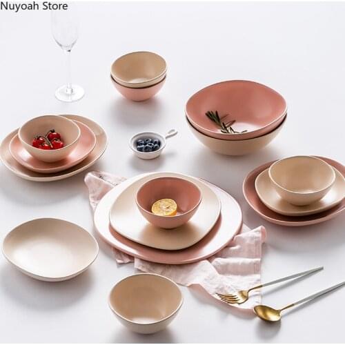 Nordic Ceramic Pink Tableware Bowls and Plates Irregular 7-inch Round Dinner Plates Restaurant Supplies Kitchen Bar Supplies