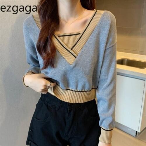 Ezgaga Contrast Cropped Sweater Women Vintage Loose V-Neck Fake Two Piece Knitted Pullover Casual Autumn 2021 All-Match Jumper