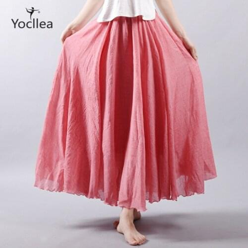 New Cotton Linen Long skirt Elastic Waist Bohemian Summer skirts faldas mujer moda Solid Pleated Maxi Skirts