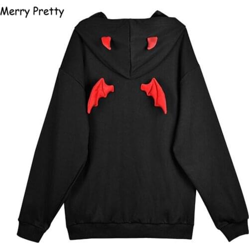 Merry Pretty Winter Black Gothic Hoodies Women Letter Embroidery Pullovers Plus velvet thick Warm Coat with ears on hood Outwear