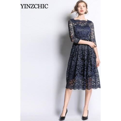 Spring New Womans Blue Lace Dress Square Collar Female A-line Party Dresses Quality Hollow-out Laces Dress for Woman Casual