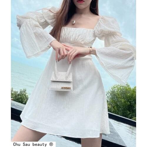 French Vintage Square Collar Folds Dress 2021 Summer New Sexy Hollow Back Elastic Flared Sleeve Mini Dresses Women Vestido