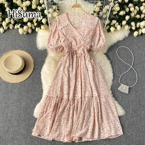 2021 summer new women V collar puff sleeve Drawstring print chiffon A-line dress female Chic elegant waist beach dresses