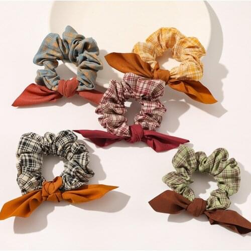 1pc Plaid Scrunchies Retro Hair Rope Rabbit Ear Bow Elastic Hair Band Ponytail Hair Accessories Women Girl Valentine Day Present