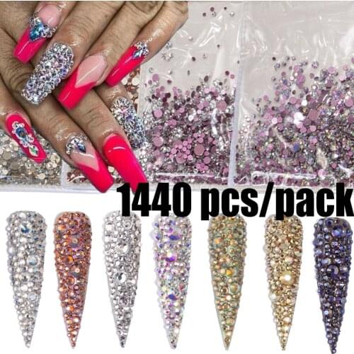 1000/1440 Pcs/pack 3D Nail Art Decorations DIY Nail Art Rhinestones Multi-size Crystal AB Flat Flat Back Nail Gems Rhinestones