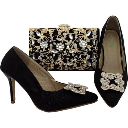 2018 Charming Italian Shoes With Rhinestone Matching Bags Black African Shoes And Bags For High Quality Super high heel BL003