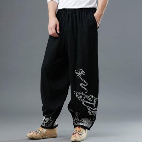 Traditional Chinese Embroidery Wide Leg Harem Pants Men Japanese Style Harajuku Streetwear Loose Cotton Bottom Trousers 31016