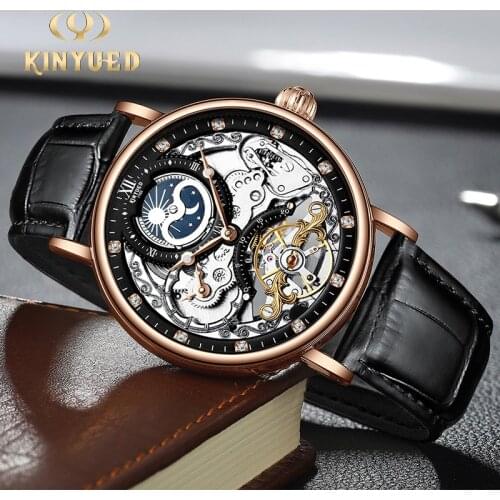 KINYUED Moon Phases Man Watches Automatic Mechanical Watch Luminous Transparent Wristwatch Mechanic Mens Relojes Hombre new 2020