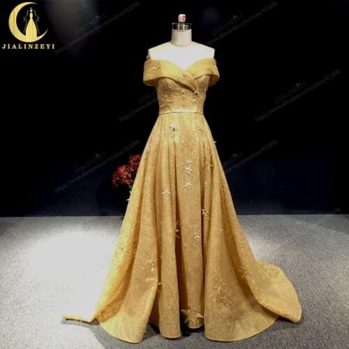 JIALINZEYI Real Picture Gold Boat Neck stunning with Stars A-line Formal party Dress evening Dresses