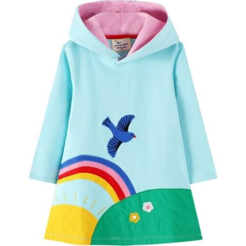 Jumping Meters New Cotton Kids Girls Bird Hoodies Dress Long Sleeve Childrens Girls Fancy Rainbow Dresses Baby Hooded Clothes