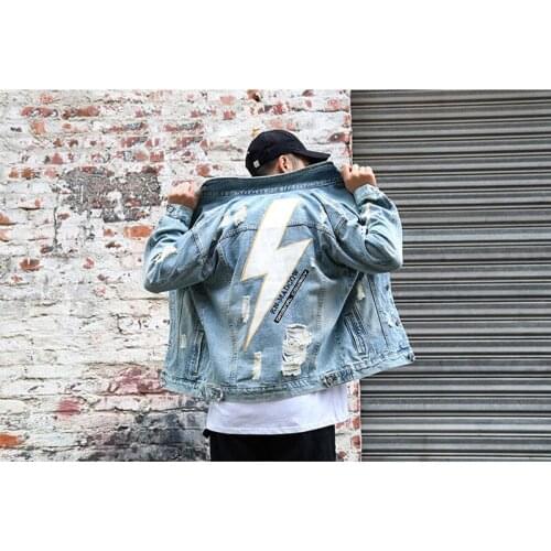 Men Jackets Flash Printed Denim Jackets Fashion Streetwear Destroyed Embroidery Punk Style Hip Hop Coats Chaqueta Hombre