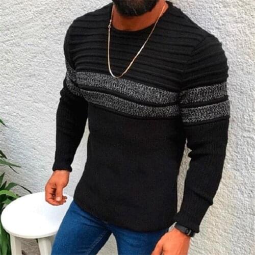 Foreign Trade Striped Mens Color Matching Casual Round Neck Pullover Bottoming Shirt Knitted Sweater 2021 New