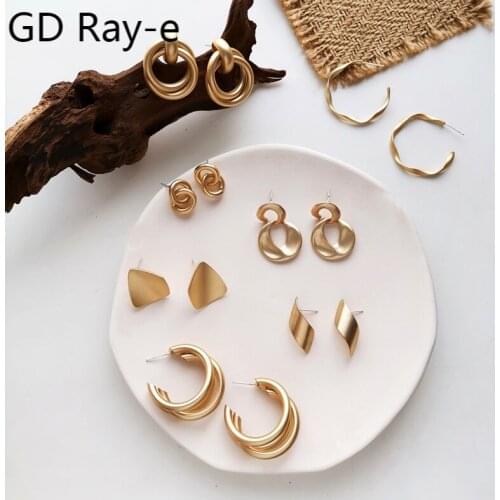 Matte Gold Korean Geometry Earrings Simple Retro Design Dangle Metal Ear Studs C1