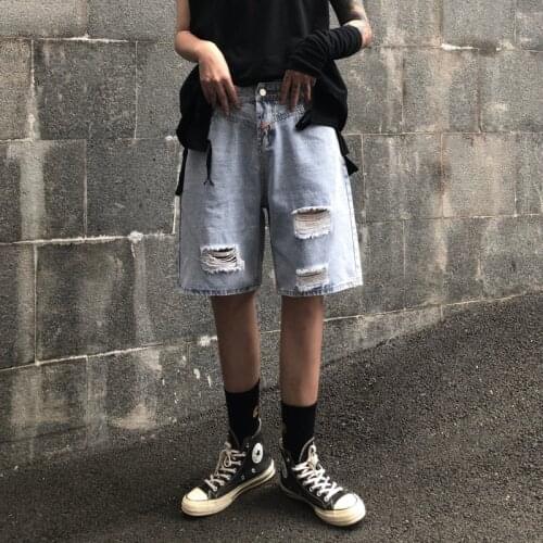 Fashion WomenS Ripped Jeans Shorts Summer Loose Casual Bermuda Shorts MenS Washed Knee-Length Denim Bottoms Streetwear