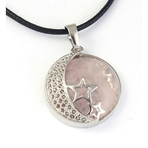 Trendy-beads Popular Silver Plated Natural Rose Pink Quartz Inlay Star Crescent Moon Pendant For Women Jewelry