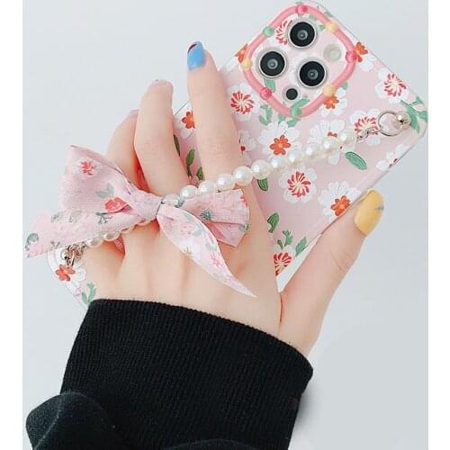Fashion Pink Flowers Bracelet Phone Case For iPhone 11 Pro Max 12 X XS XR 7 8 Plus SE20 Shockproof Soft TPU Cover Cute Bow Shell