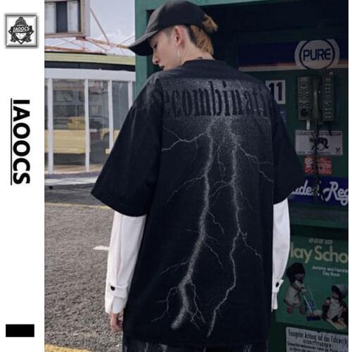 Summer personality hip-hop five-point sleeve shirt mens dark cardigan letter lightning pattern high street oversize loose top