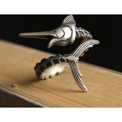 Retro Punk Rock Style Solid 925 Sterling Antique Silver Fish Open Adjustable Ring For Men Womens Finger Rings Vintage Jewelry