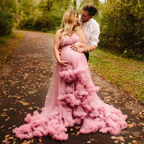 Fluffy Tulle Pink Maternity Dress Photo Shoot Women Lush Tulle Maternity Robes for Photography Ruffle Bridal Bathrobe Party Wear