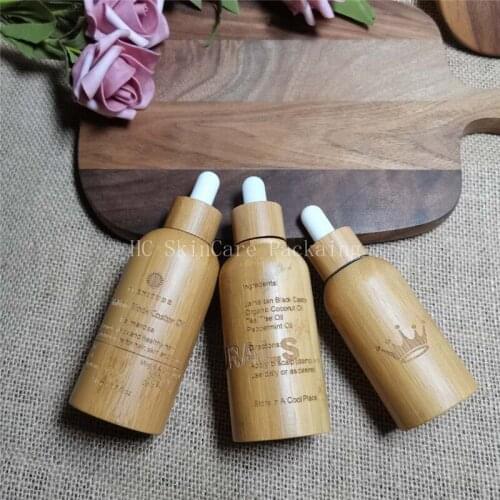 Engraving Logo Bamboo Glass Dropper Black/White Rubber Bottle Essential Oil Bottles With Pipettes Makeup Sample Container