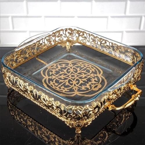 Glass Serving Tray Homedecor Luxury Service Plate Dish Rose Design with Holders Golden Silver Square Arabic Oriental Eastern