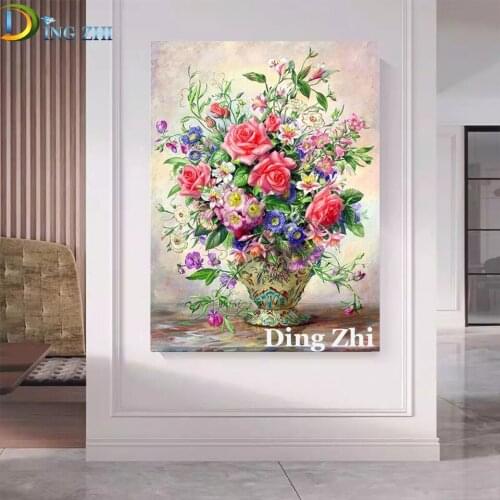 Wall Decoration 5D Diamond Painting Vase Pink Flowers DIY Cross Stitch Full Square Round Drill Rhinestone Embroidery Handmade