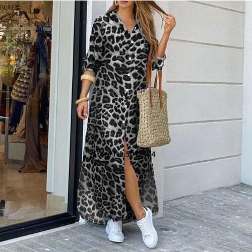 Party Holiday Longue Robe Womens Autumn Fashion Shirt Dress Casual Vintage Leopard Dresses Female Lapel Long Vestidos 5XL