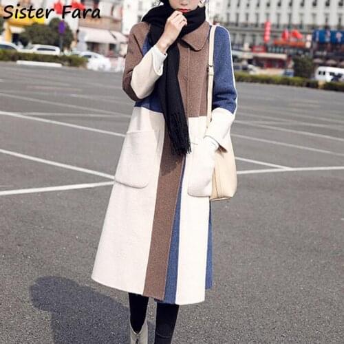 Sister Fara Autumn Woolen Cloth Patchwork Womens Windbreaker Turn-down Collar Loose Fashion Thicken Trench Jacket Female Winter