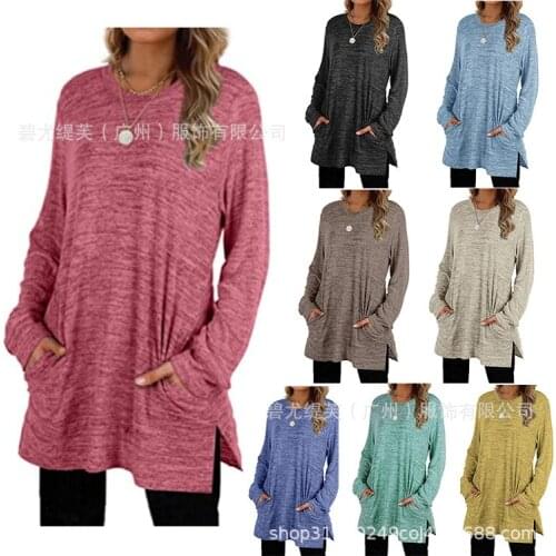 Summer T Shirt Women 2021 New Leisure Loose Round Collar Pockets Long Sleeves Female Tee Tshirts Dropshipping BYT2021106