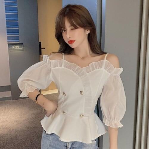 Chiffon Blouse Women Elegant Puff Sleeve Patchwork Tops Women Casual Summer Office Lady Kawaii Korean Blouse Women 2020 G2071