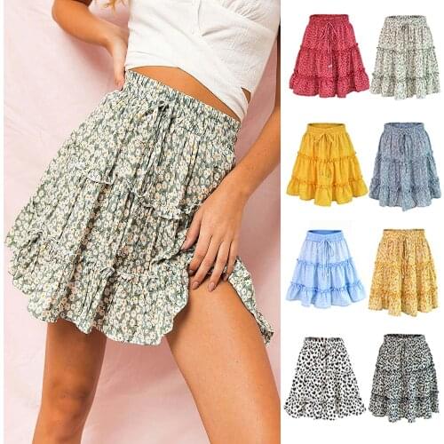 2021 summer womens high waist Ruffle floral skirt printed beach A-line skirt noble sexy slim dot pattern commuting