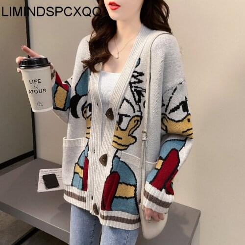 Women Sweaters Cardigans Tops Button Office Lady Sweater Autumn Spring Korean Fashion Knitted Coat Cartoon Print Loose Knitwear