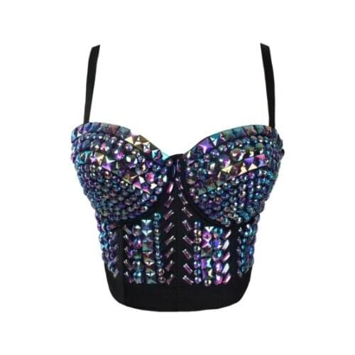 Cosplay evening Rhinestone Gaga Bustier Pearls Diamond Push Up Night Club Bralette Womens Bra Cropped Top Vest Plus Size party