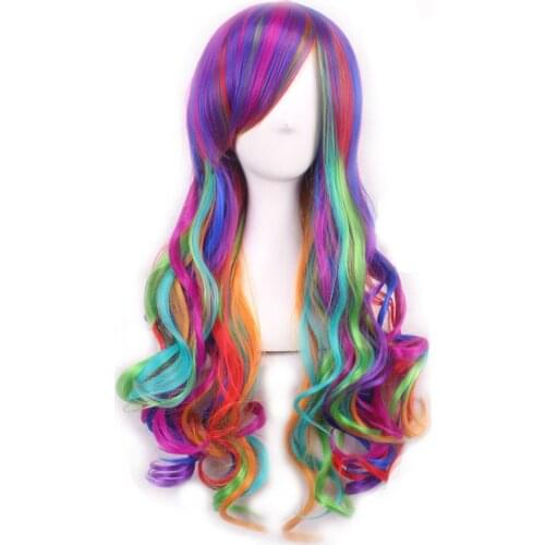 Harajuku style rainbow hair wig long wave women anime cosplay wig
