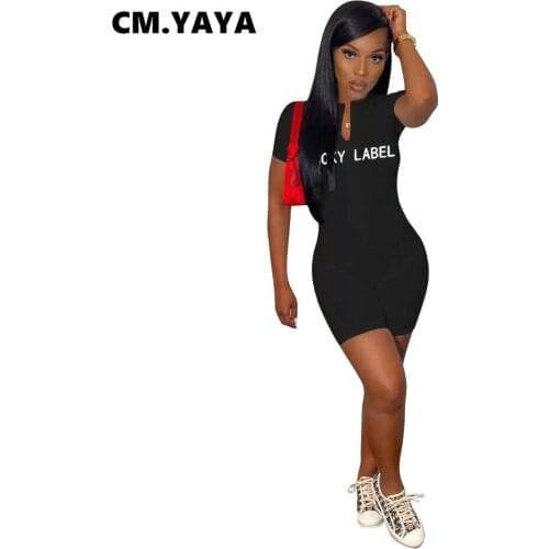 CM.YAYA Lucky Label Embroidery Short Sleeve Womens Romper Zipper Up for Moto Biker Playsuit Elastic Bodycon One Piece Overall