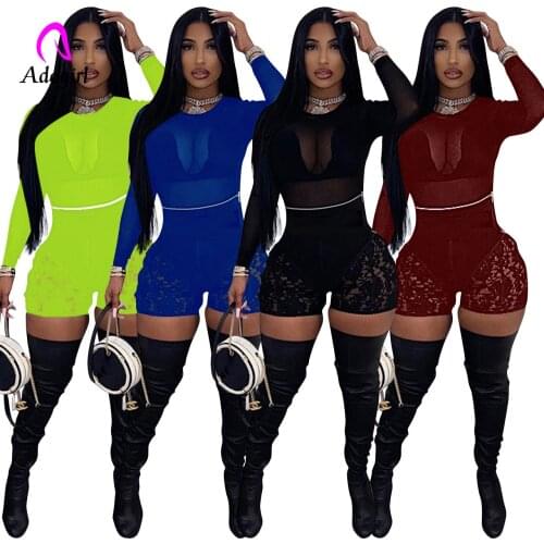 See Through Women 2 Piece Set Sheer Mesh Long Sleeve Crop Top + Lace Stitching Skinny Biker Shorts Sexy Night Club Party Outfits
