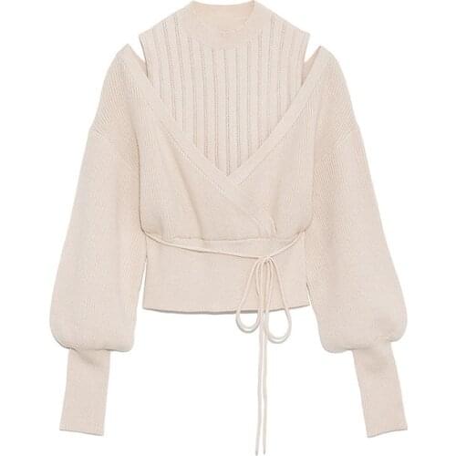 Kuzuwata Half-high Collar Drawstring Knitted Sweaters Sweet Loose Shoulder Strapless Women Jackrt Autumn Winter New Pullovers