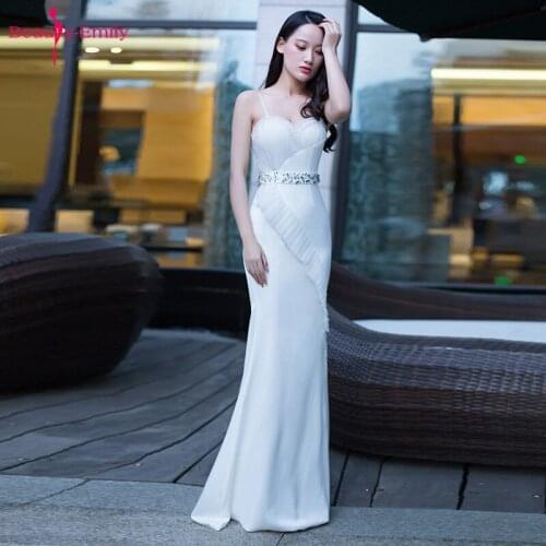 Beauty Emily 2019 Long Sling Strapless Evening Dresses Rhinestone Belt Long Ruffle Party Dresses Open Back Mermaid Prom gowns