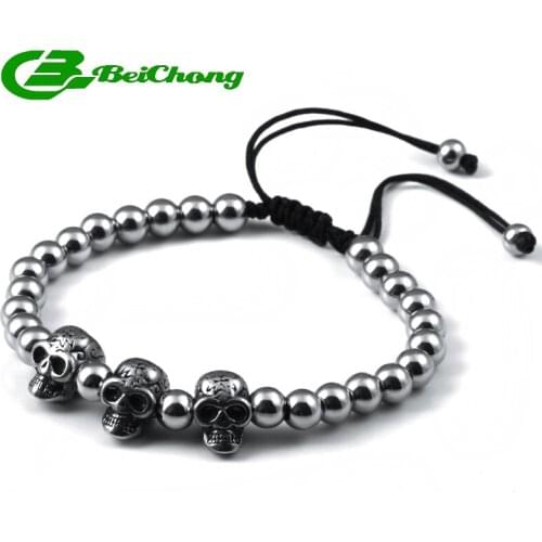 10pcs)Beichong Anil Arjandas Hand Woven Silver Stainless Steel Skull 6MM Bead Briading Adjustable Bracelet Jewelry