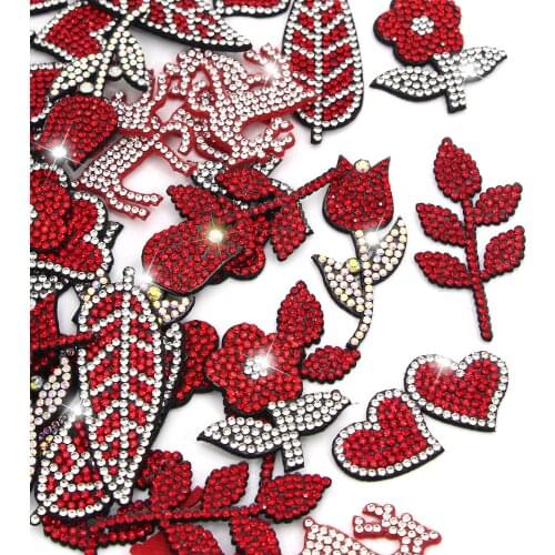 10Pcs Flower Rhinestone Patches Red Heart Leaf Deer Rose Patches For Clothing Bling Rhinestone Applique DIY Hair Clips Badges
