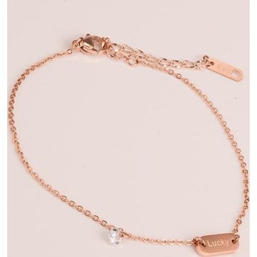 Lucky Square Card Crystal Charms Chains & Link Bracelets Rose Gold Color Stainless Steel Lobster Clasp Bracelet Femme No Fade