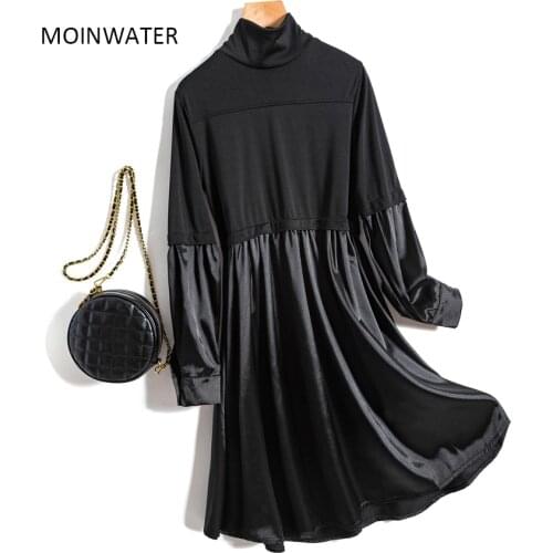 MOINWATER Women New Black Turtleneck Dresses Lady Long Sleeve Dress for Autumn Spring MD2008