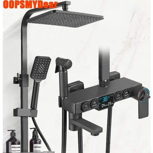 Black Shower Set Bathroom Thermostatic Digital Shower Sets System Wall Mounted Square Head SPA Rain Bath Tap Luxury Brass Faucet