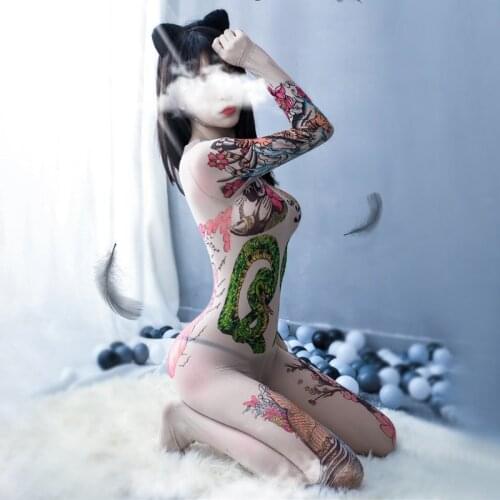 Women Erotic Long Sleeve Semi-Sheer Bodystockings Sexy Full Tattoo Coverage Bodysuit Catsuit Open Crotch Tights Lingerie Underwe